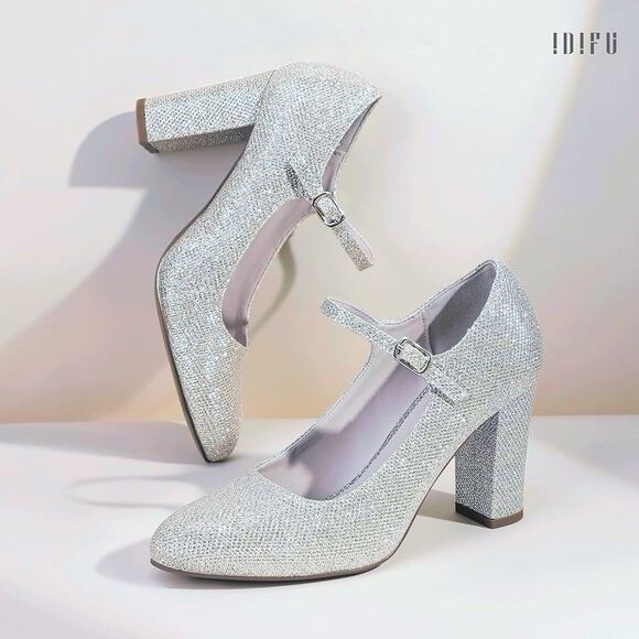 Idifu Women's Silver Glitter  Mary Jane Heels Size 8 Chunky Heel Buckle NWOB - Picture 12 of 15